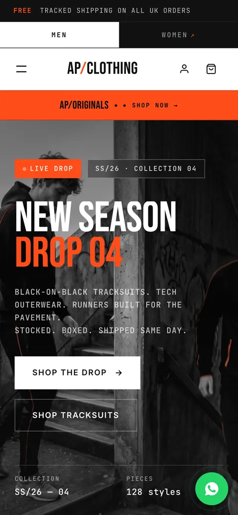 AP Clothing — an online streetwear store we built, shown on mobile