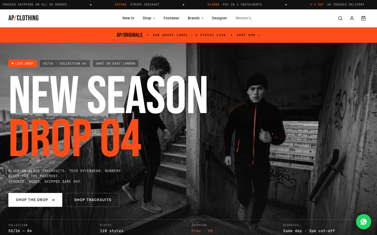 AP Clothing — a full online streetwear store we built, desktop view
