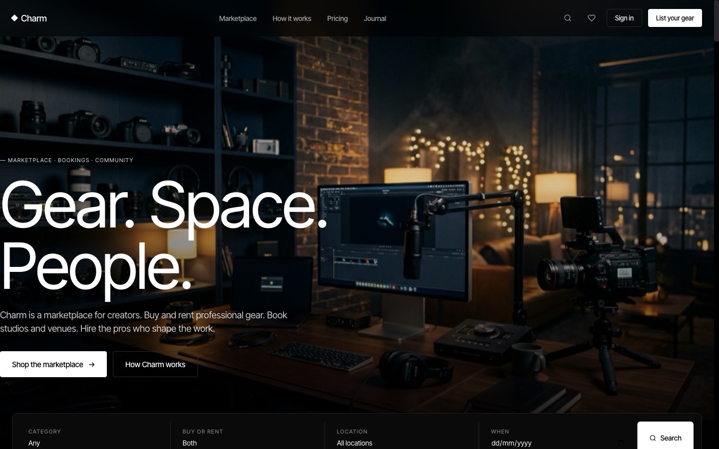 Charm — creative gear & spaces marketplace website